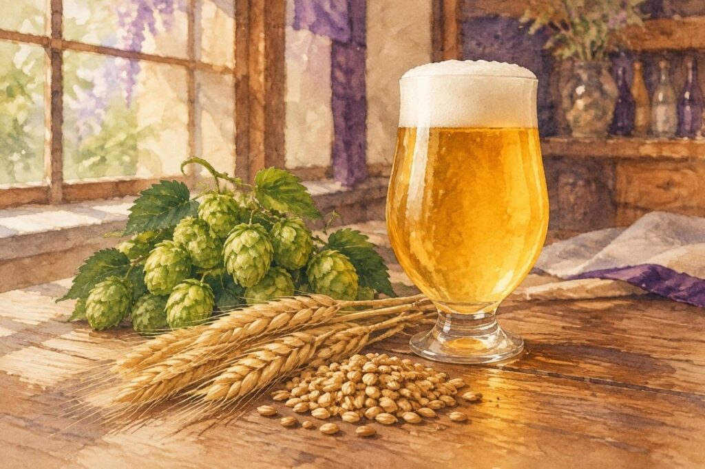 ビールのグラスと、ホップと大麦（イメージ）