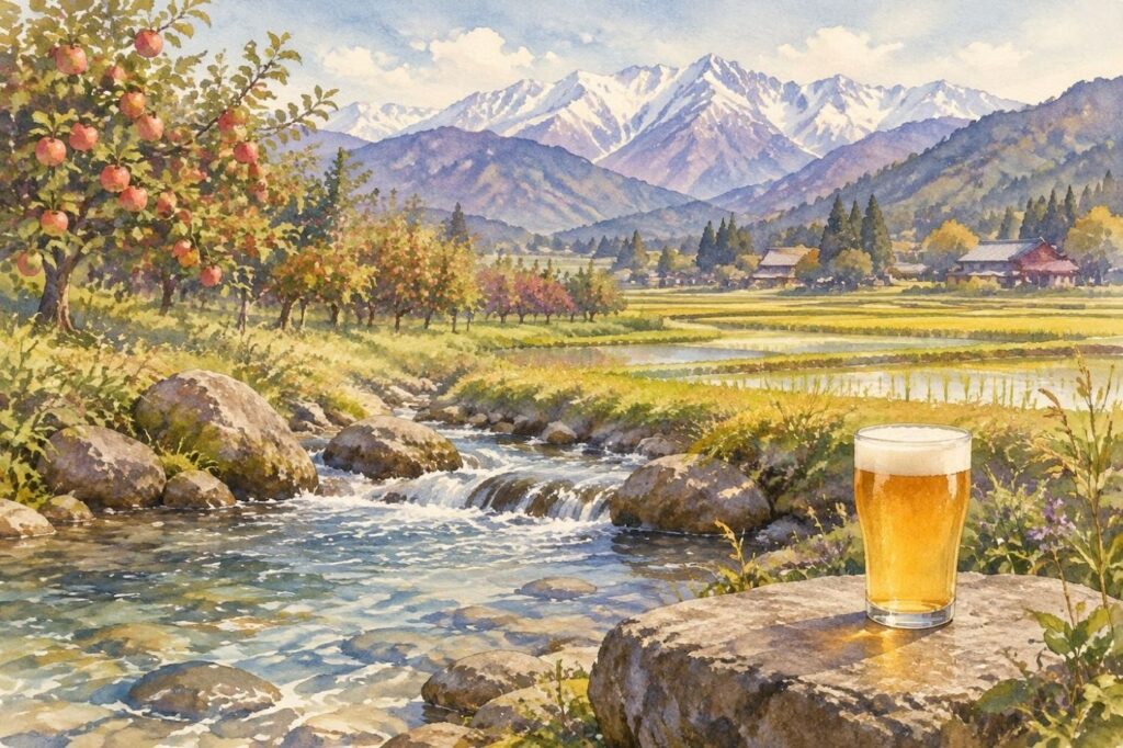 中央アルプスを望む谷と、ビールのグラス(イメージ)