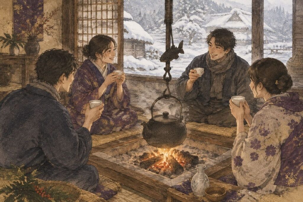 囲炉裏を囲んでどぶろくを楽しむ人たち（イメージ）