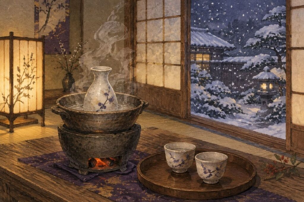 雪の夜、湯煎でお燗をつける徳利(イメージ)