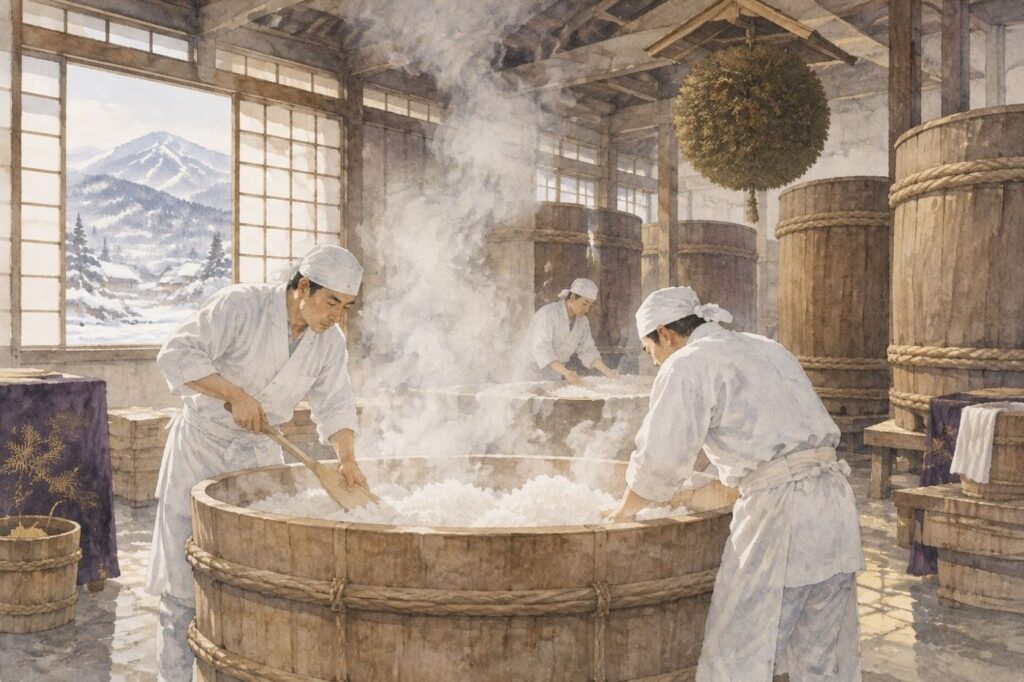 冬の酒蔵で、蒸したお米を扱う蔵人たち（イメージ）
