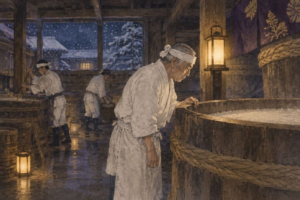 冬の夜、仕込みの桶をのぞきこむ杜氏（イメージ）