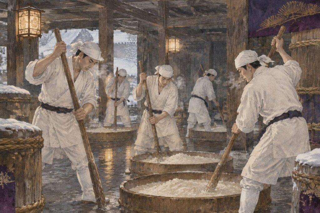 冬の酒蔵で、桶の酒母をすりつぶす蔵人たち（イメージ）