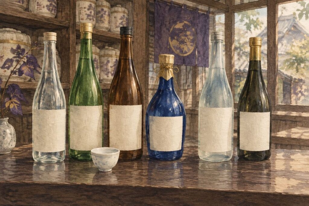 酒屋のカウンターに並ぶ日本酒の瓶（イメージ）